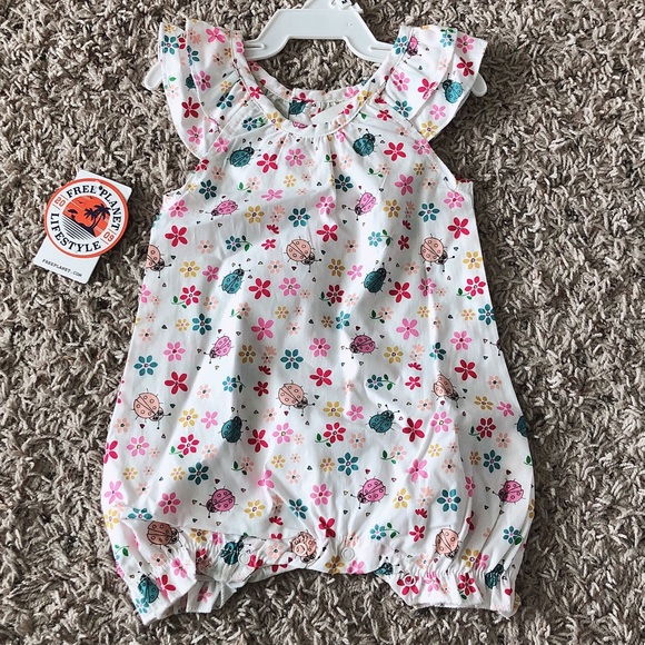 Free Planet White Floral Romper Cotton Pleated Baby Girl NWT - Picture 7 of 8